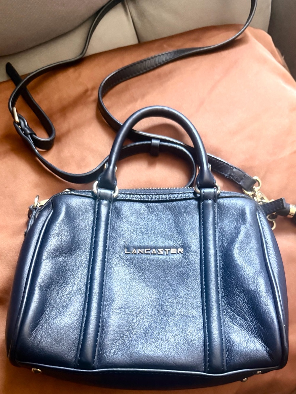 Lancaster Navy Leather Satchel with Detachable Strap
